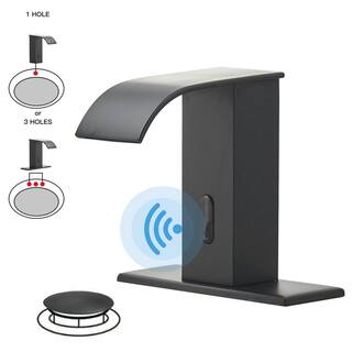 BWE Waterfall Automatic Sensor Touchless Bathroom Sink Faucet With Pop Up Drain With Overflow  Deck Plate In Matte Black A-918139-B