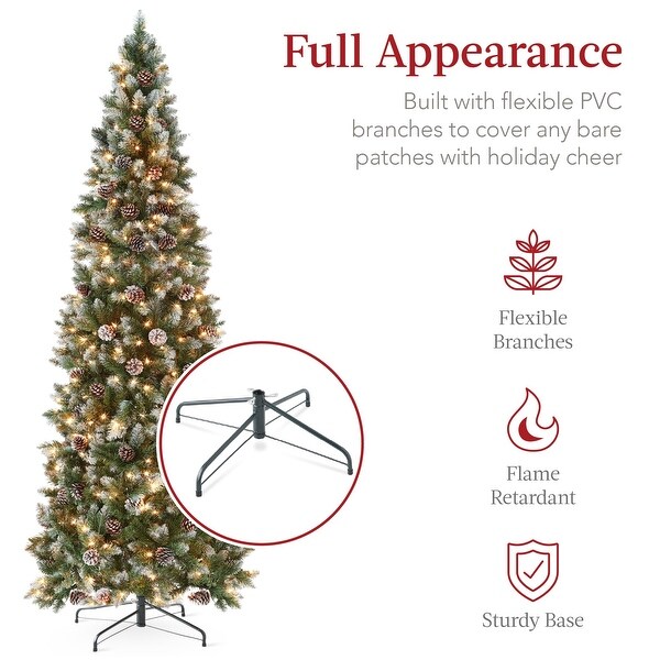 7.5ft Prelit Pencil Christmas Tree，Partially Flocked and Frosted Slim Holiday Tree Decoration，Skinny Xmas Tree，350 Lights