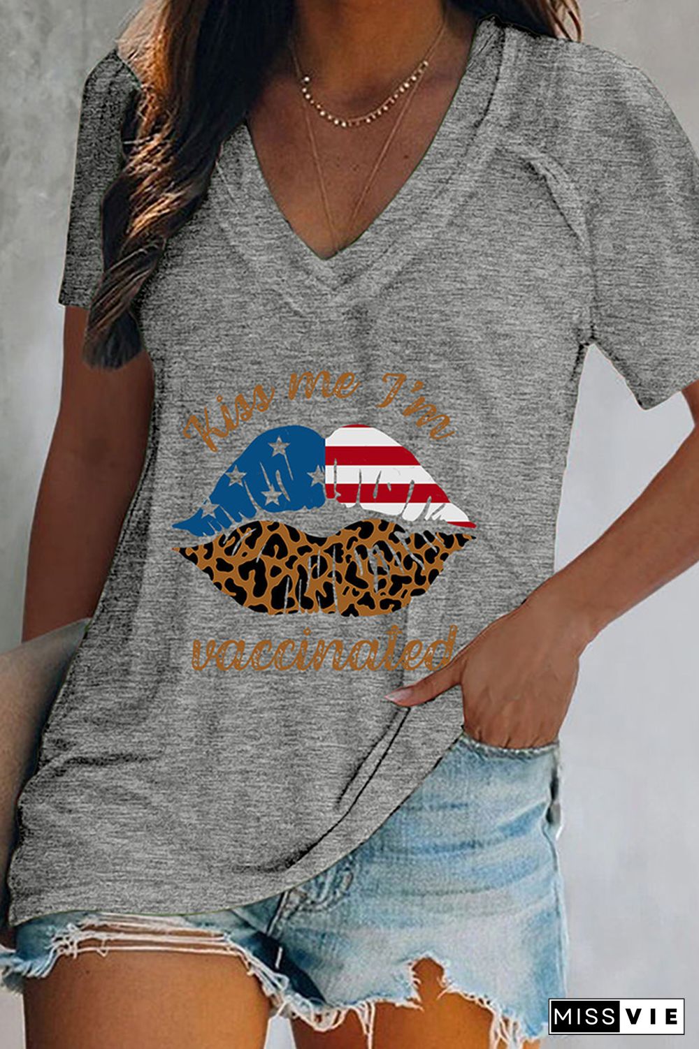 Kiss Me America Print V Neck Graphic Tee