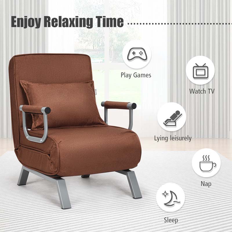 Folding Convertible Sofa Bed Sleeper Chair w/Pillow, 5-Position Armchair Chaise Lounge Couch