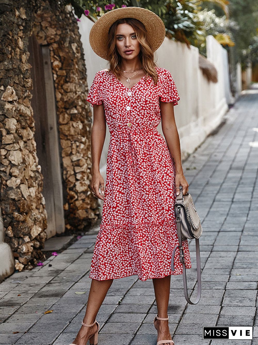 Floral V Neck Short Sleeve Long Dress