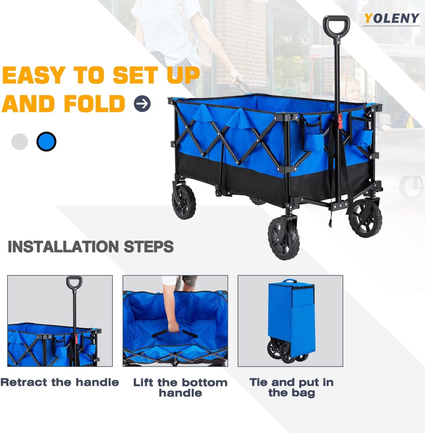 Mellcom Folding Wagon Cart, Outdoor Utility Foldable Trolley for Travel, Shopping, Camping, Blue