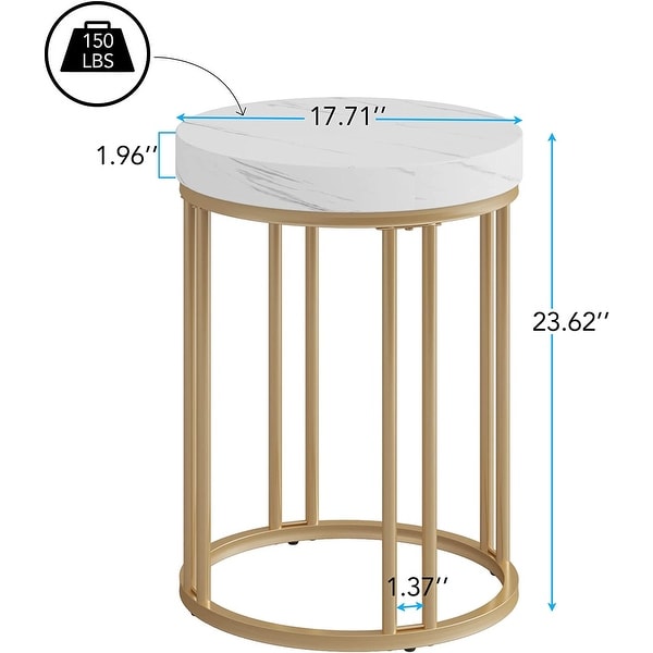 White Gold Round End Table， Modern Bedside Nightstand Faux Marble Top