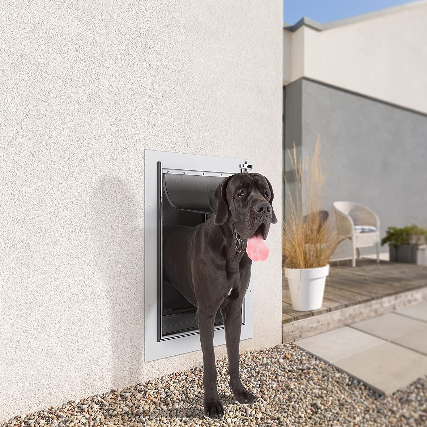 Baboni Pet Door for Wall， Steel Frame and Telescoping Tunnel for Dog -Large