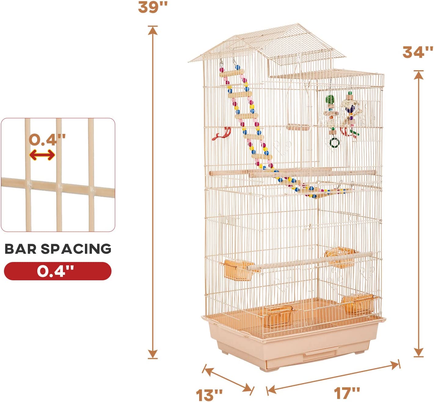 YRLLENSDAN 39 inch Roof Top Large Bird Cage， Parakeet Flight Cage for Bird Cages for Cocktails Parrot Cage Birdcage for Parrots Conure Lovebird Cockatiel