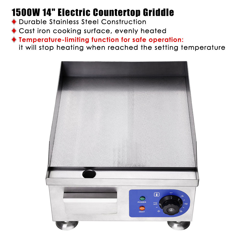 Yescom Electric Countertop Griddle Flat Grill 15in 1500W