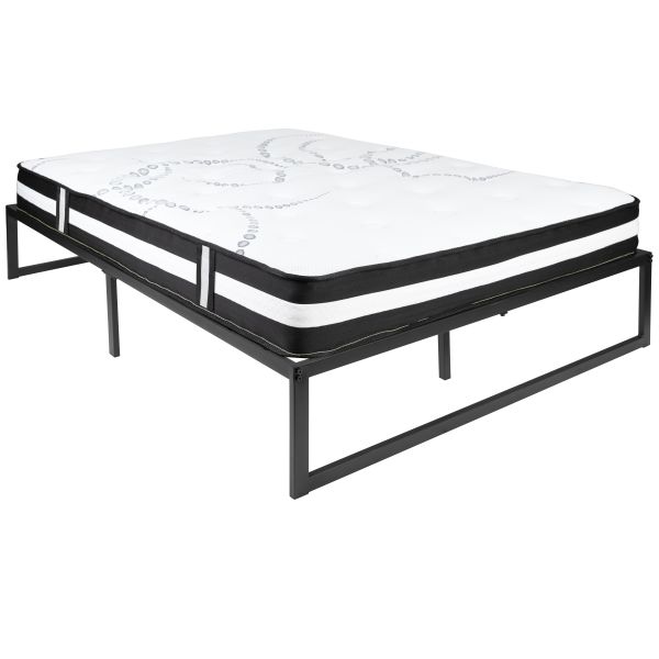 Louis 14 Inch Metal Platform Bed Frame with 12 Inch Pocket Spring Mattress in a Box (No Box Spring Required) - Full