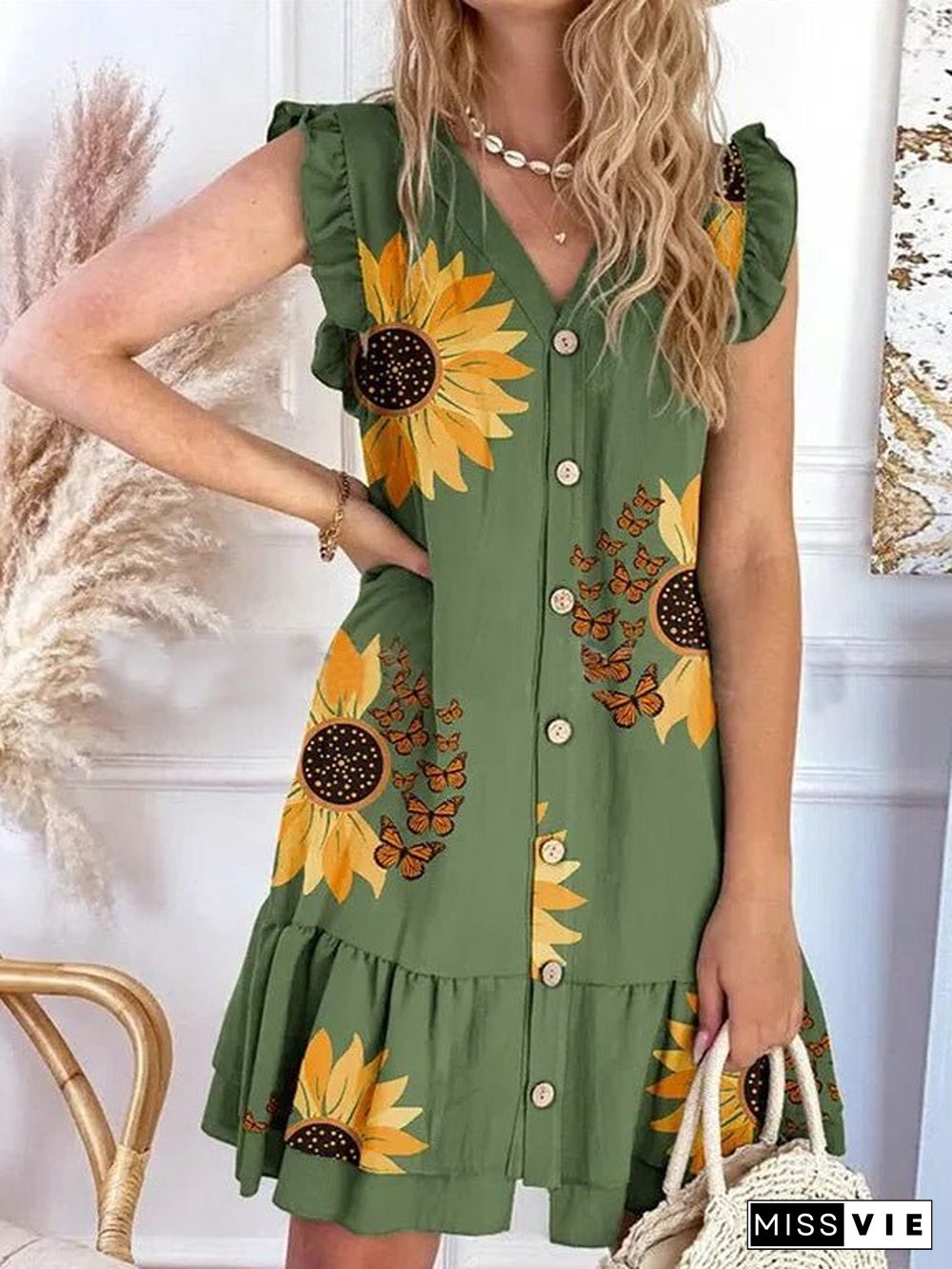 Women'S Dresses V-Neck Sunflower Print Button Ruffle Sleeve Dress