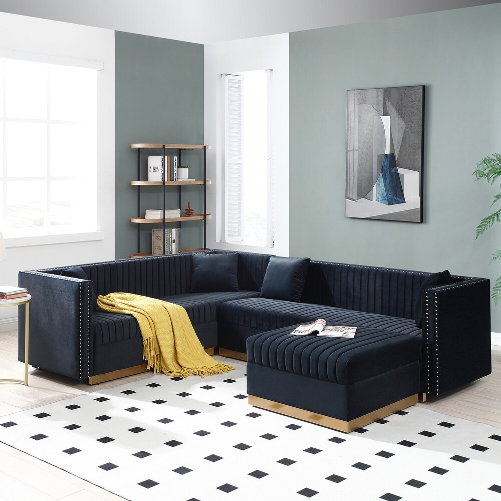 Vertical Channel Tufted Velvet Sectional Sofa  L Shaped Upholstered Corner Couch with Ottoman and 4 Pillows  Nailhead Trimming