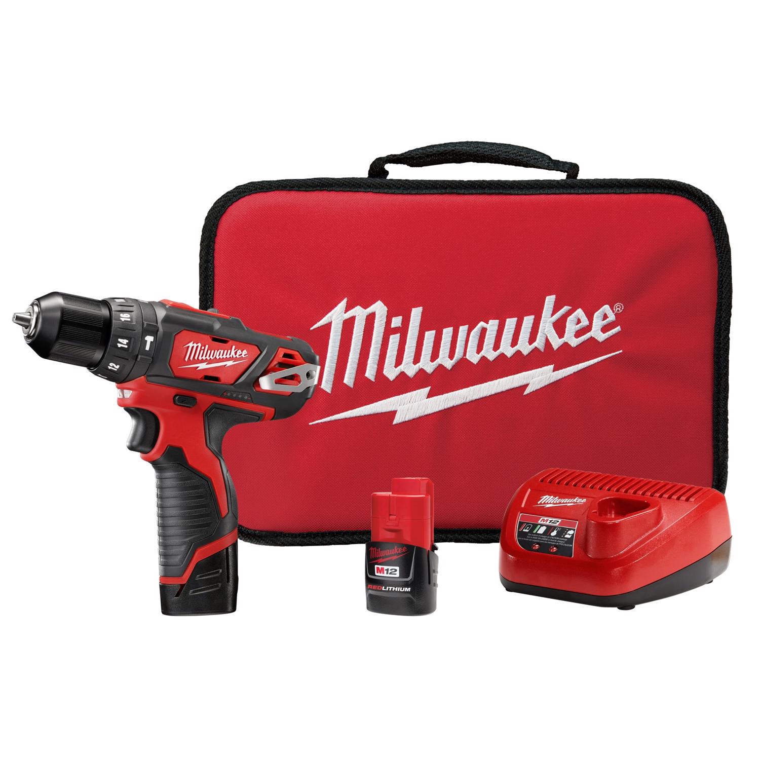 MW M12 12 V 3/8 in. Brushed Cordless Hammer Drill Kit (Battery \u0026 Charger)