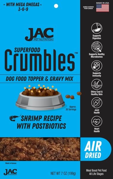 JAC Pet Nutrition Air-Dried Shrimp Superfood Crumbles Dog Food Topper， 7-oz pouch