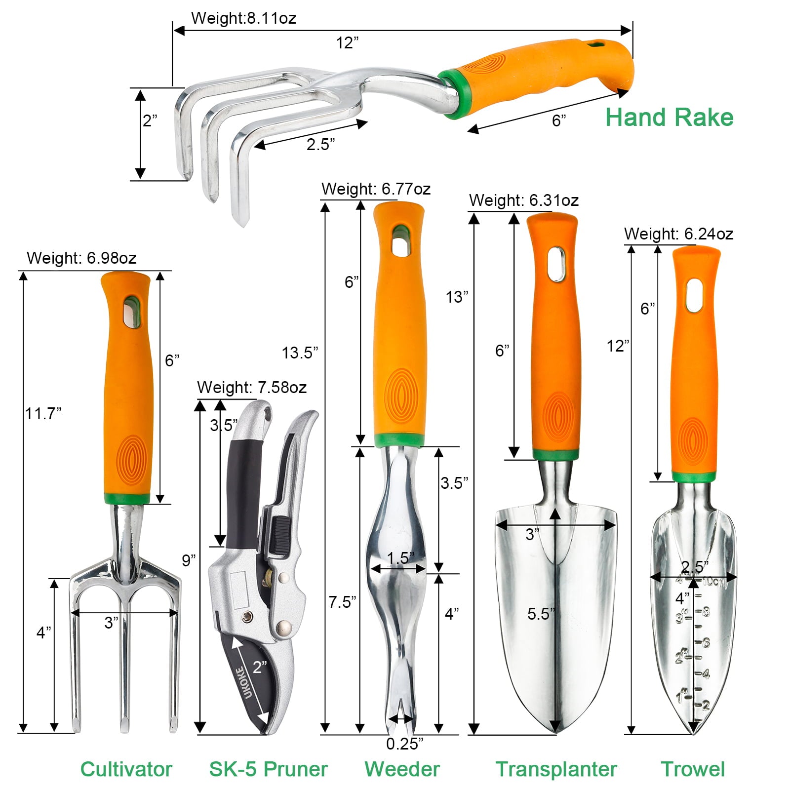 Ukoke 12 Piece Aluminum Garden Tools Set, Gardening Apron with Storage Pocket