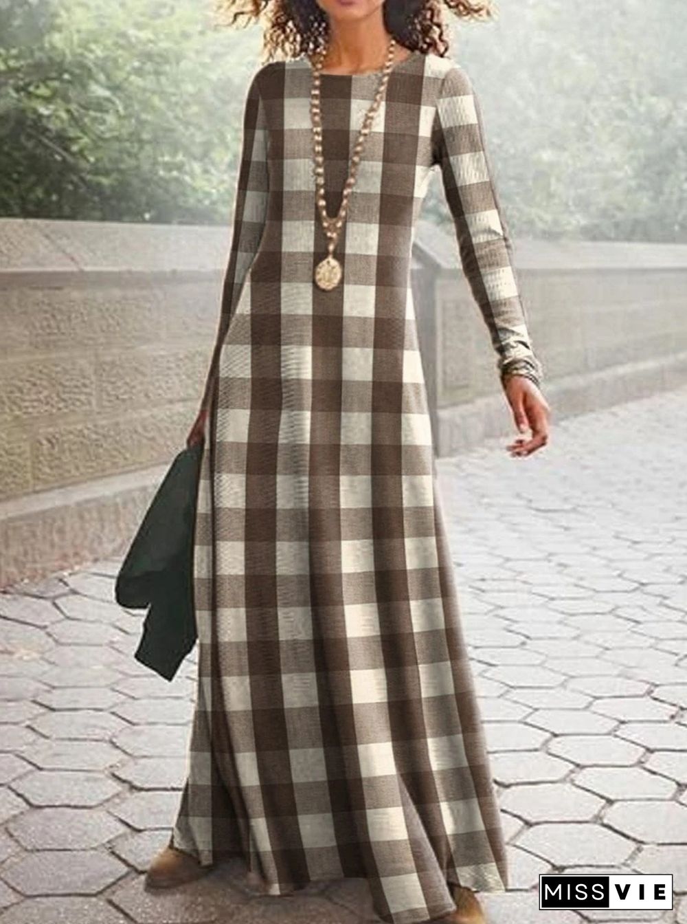 Retro Check Print Casual Long Sleeve Maxi Dress