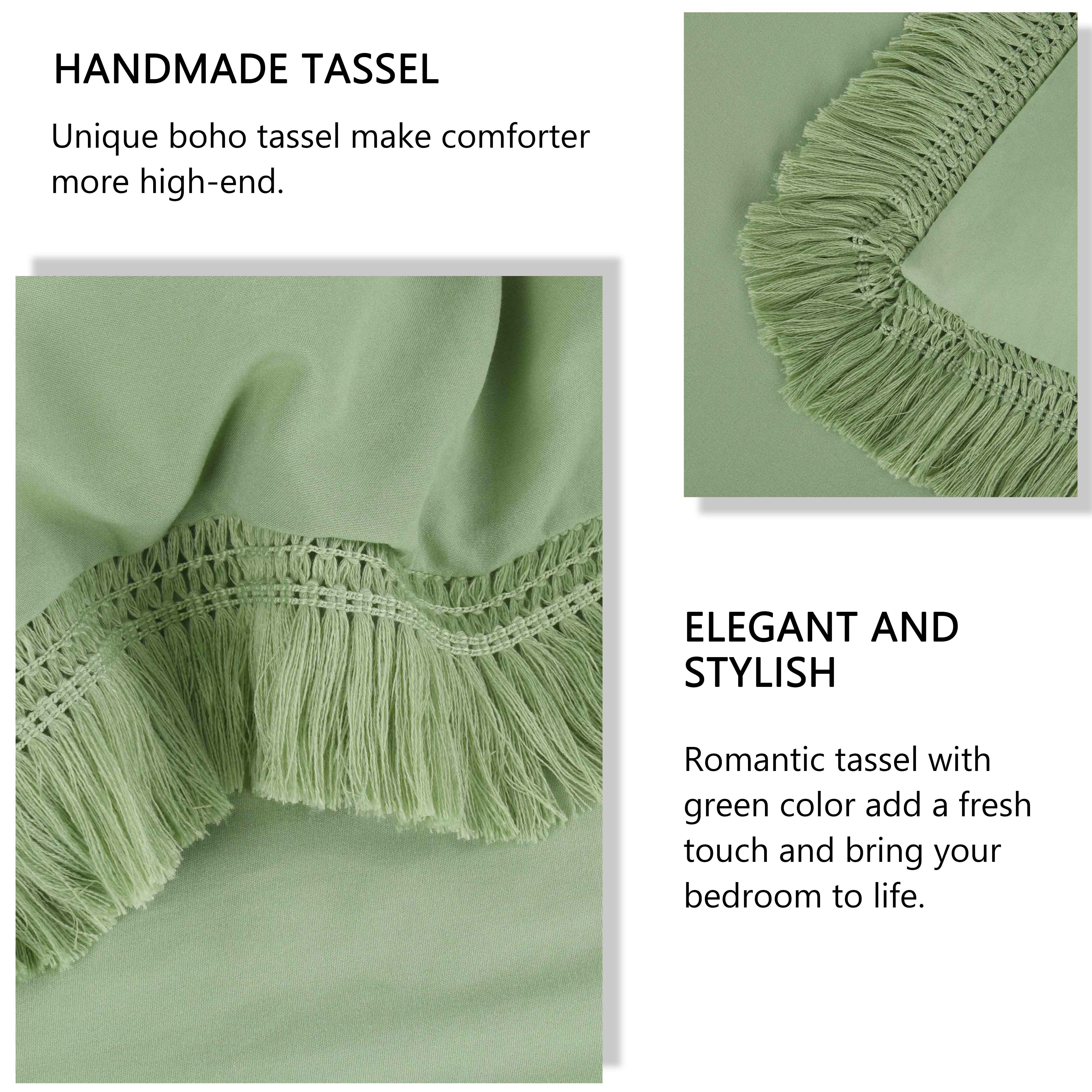 HIG 3 Piece Sage Green Boho Chic Comforter Set with Handmade Tassel Edge