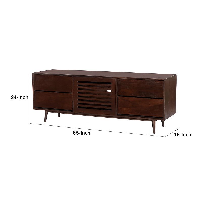 64 Inch TV Cabinet with 4 Drawers and Wooden Frame， Walnut Brown