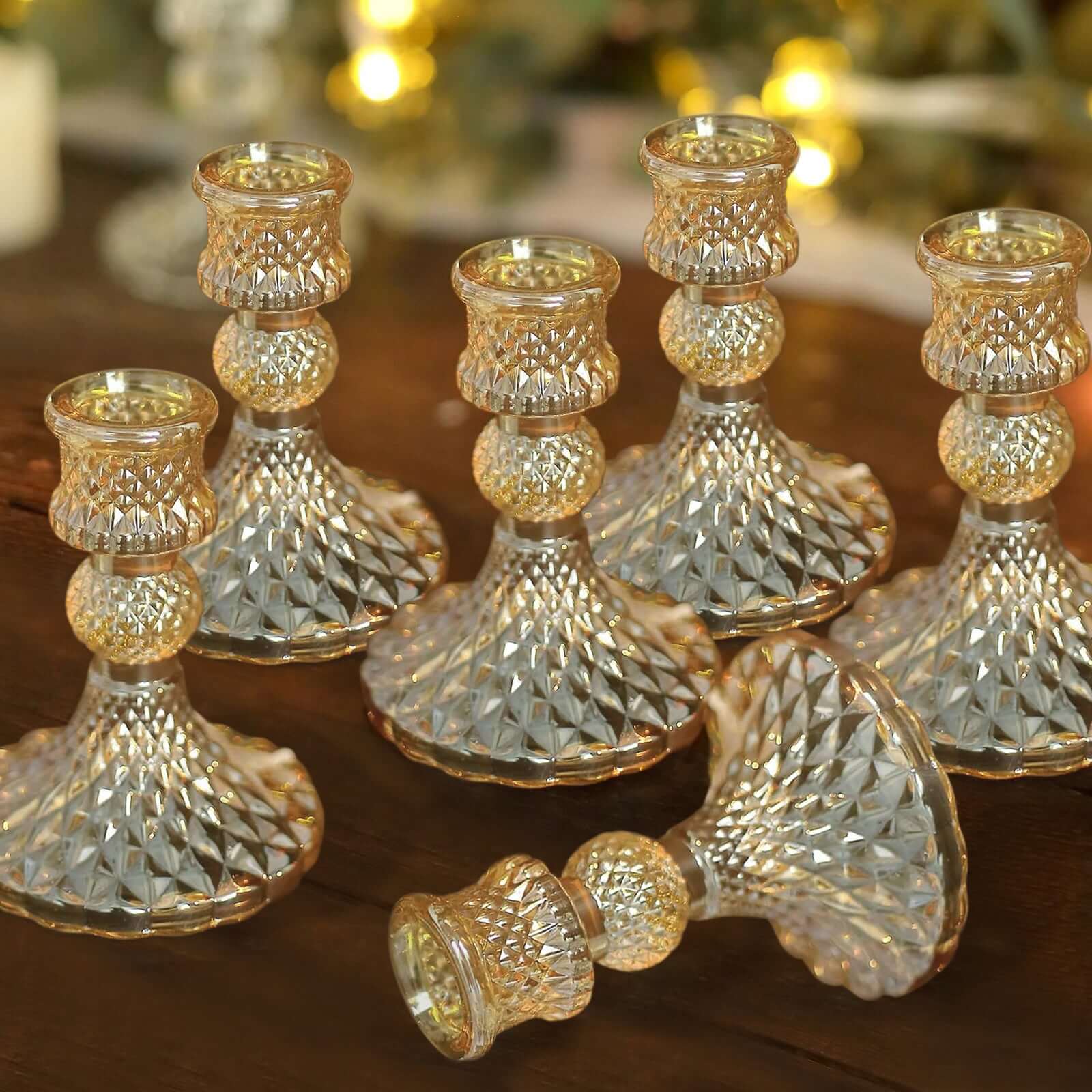 6 Pack Amber Gold Glass Diamond Pattern Taper Candlestick Holders, Reversible Crystal Pillar Votive Candle Stands 4