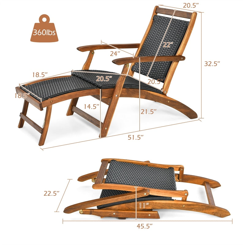 Acacia Wood Rattan Folding Outdoor Chaise Lounge Chair with Retractable Footrest, Pool Lounge Chair Patio Sun Lounger