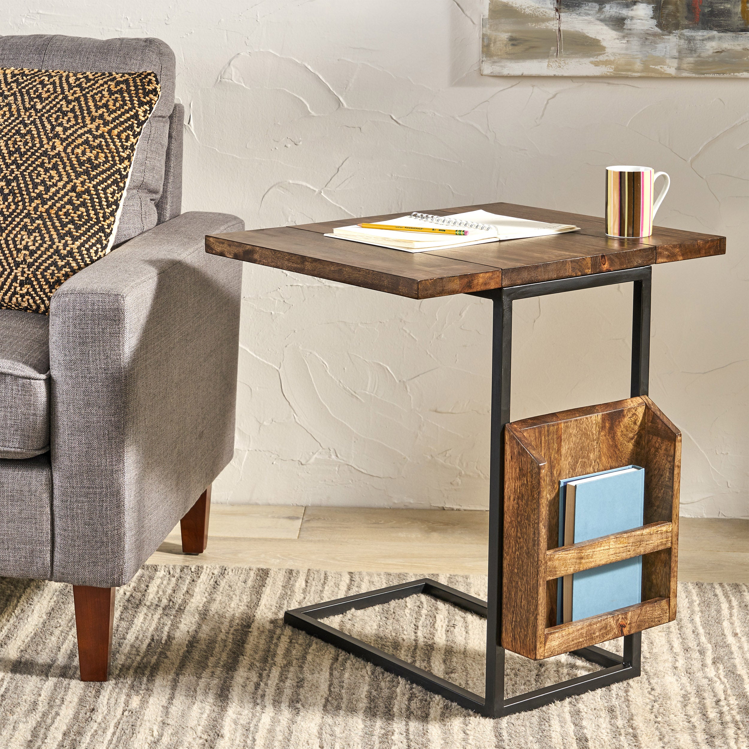 Ayzen Modern Industrial Mango Wood Adjustable C-Shaped End Table with Magazine Rack