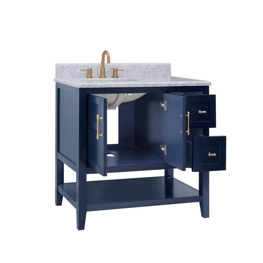 Home Decorators Collection Sturgess 37 in. W x 22 in. D x 35 in. H Open Shelf Vanity in Navy Blue with White Marble Vanity Top 19111S-VS37C-NB