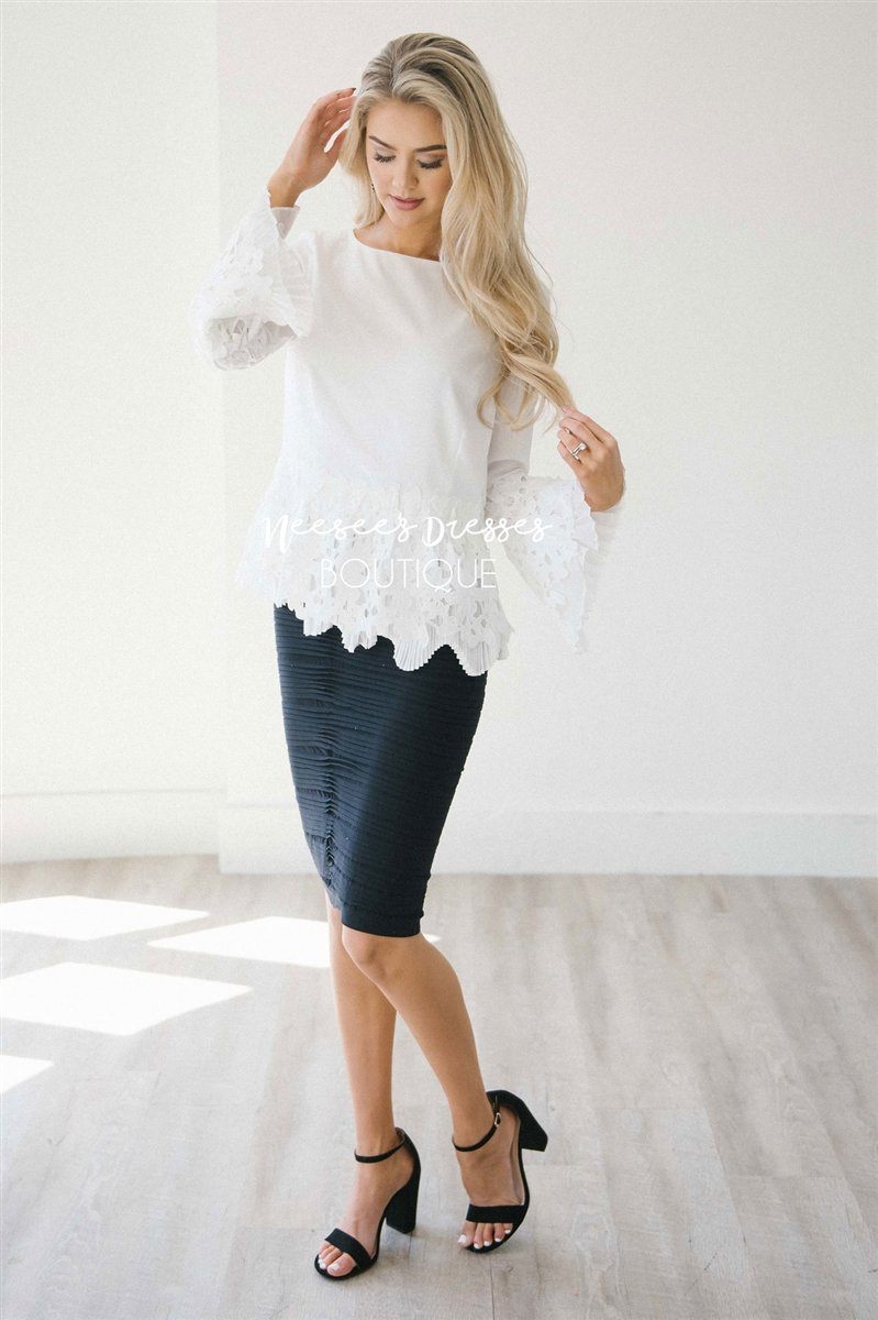 Stunning Lace & Pleats Bell Sleeve Blouse