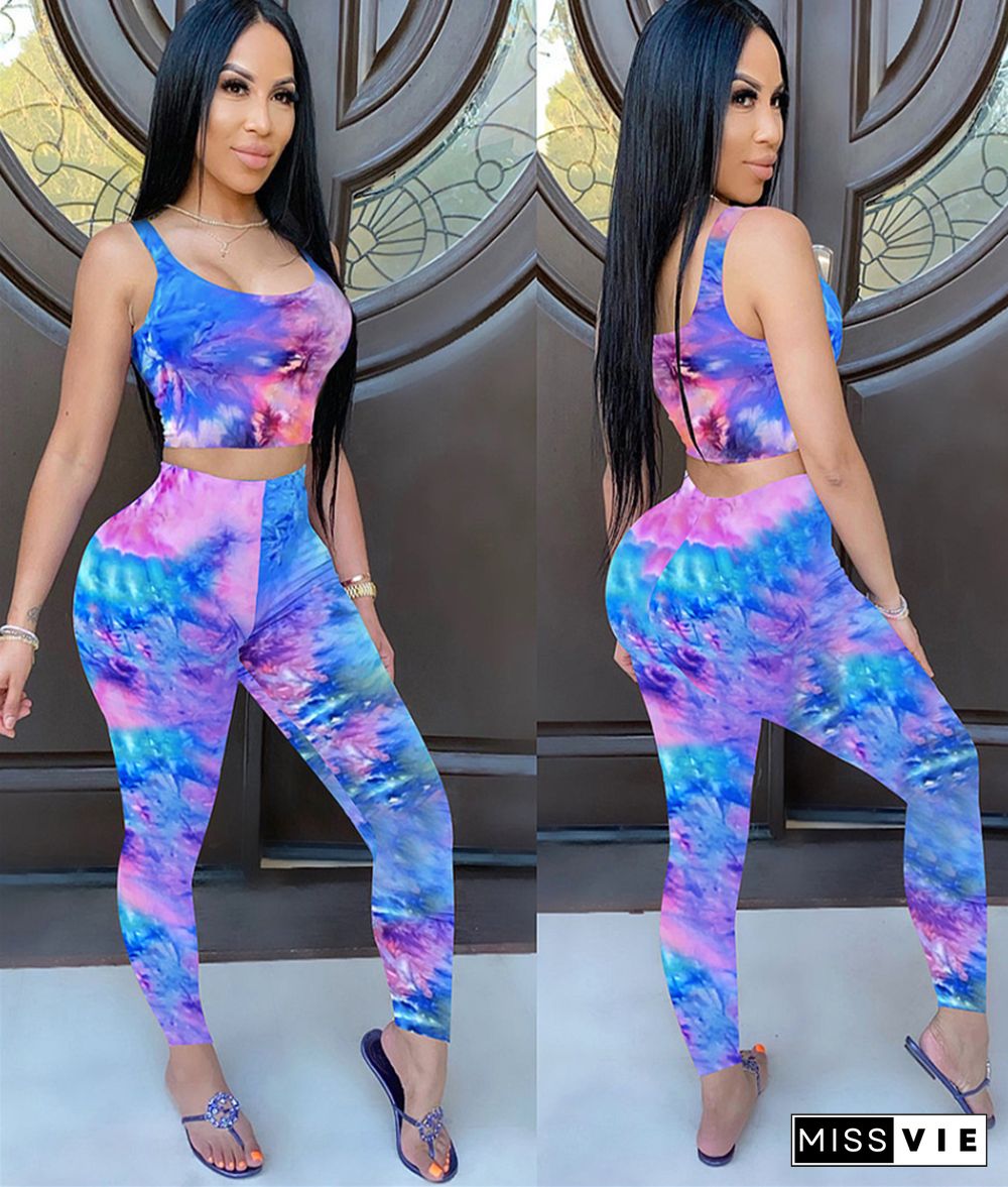 Tie-Dyed Sleeveless Vest Slim Pants Casual Two-piece Set