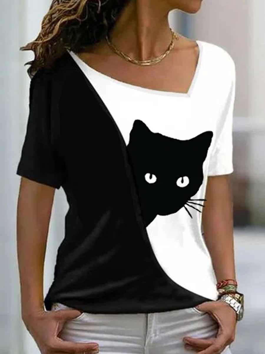 V-neck Casual Loose Cat Print Short Sleeve T-shirt