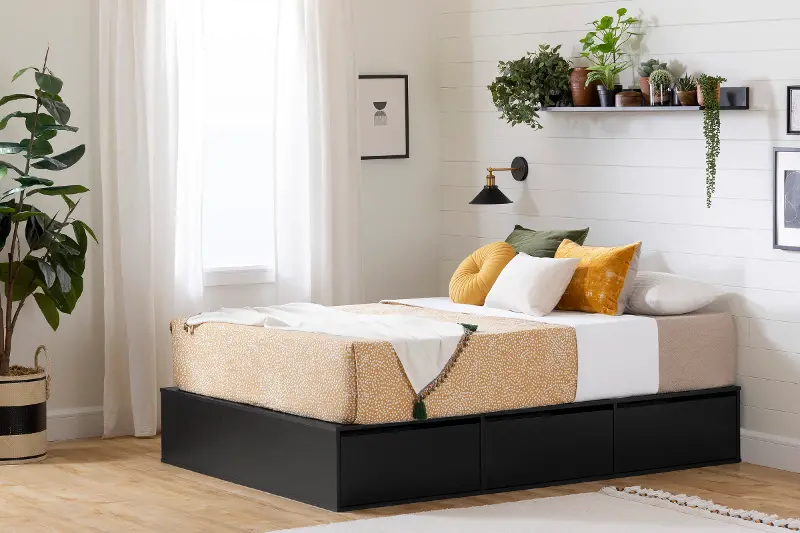 Fusion Black Queen Platform Bed with Six Drawers for Storage - South Shore