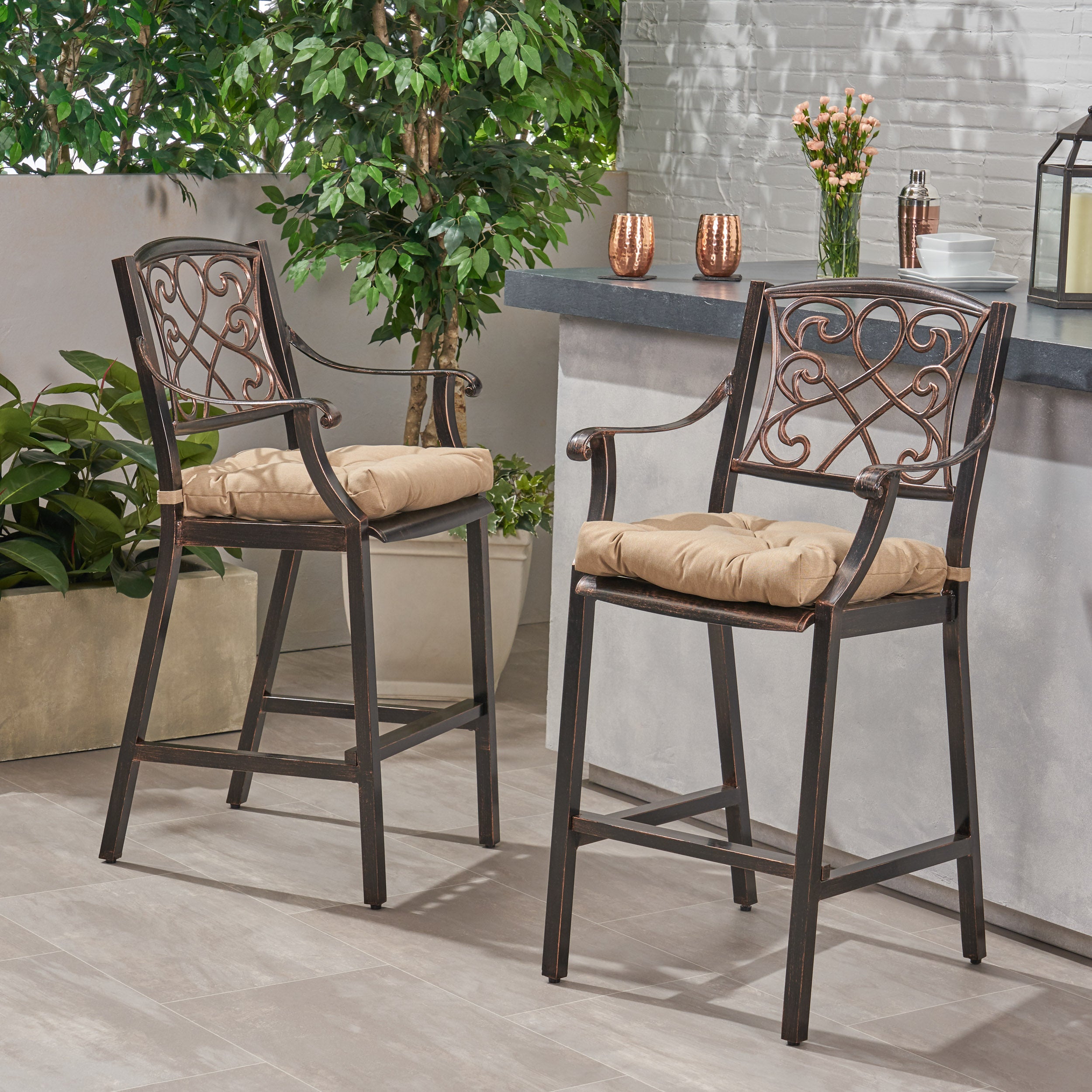 Mariella Outdoor Barstool with Cushion (Set of 2)