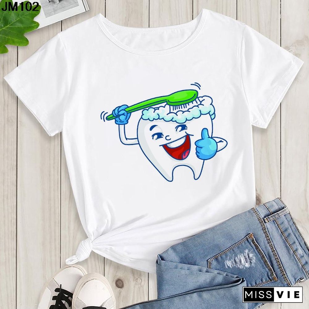 Aesthetic Funny Tooth Dentist Print Female Clothing T-shirt 90s Harajuku Kawaii O-neck Tshirt Summer Fashion Women's Top T Shirt