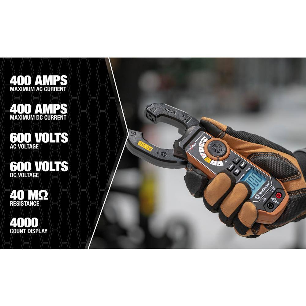 Southwire 400 Amp ACDC Clamp Meter with True RMS Built-In NCV Worklight and Third-Hand Test Probe Holder 65031840