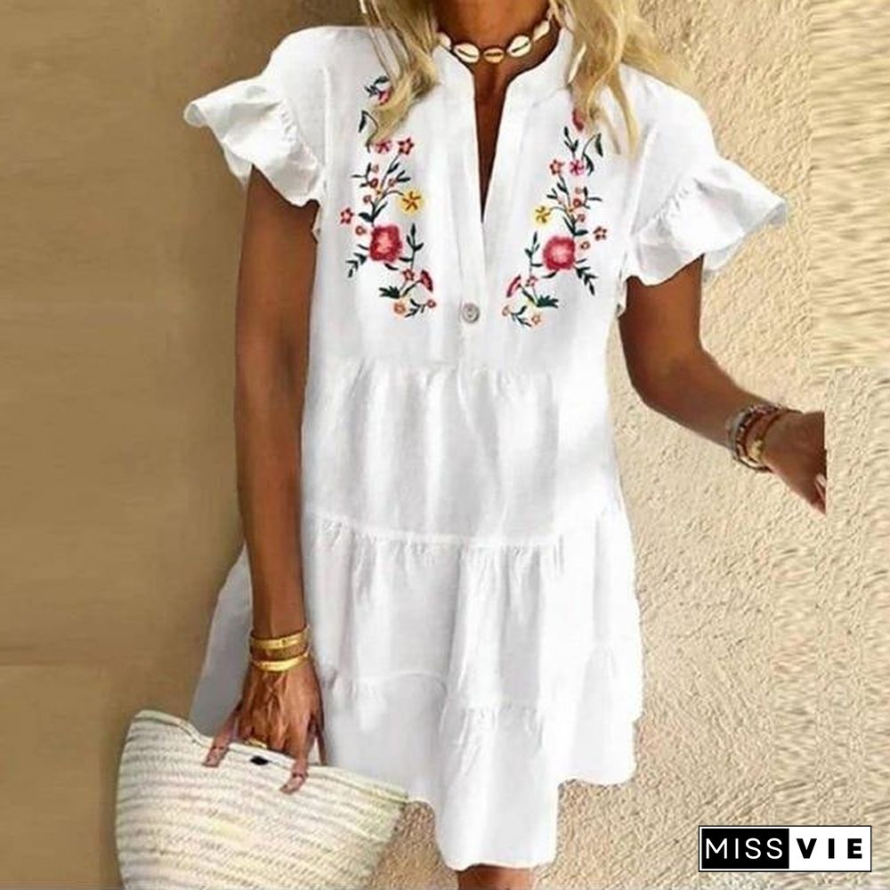 Plus Size 5XL Floral Print Boho Dress Women Tassle Sleeved White Mini A-Lline Dress Autumn New Sweet Bohemian Loose Dresses