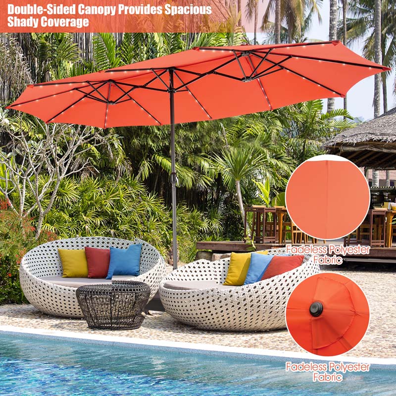 15 FT Double-Sided Patio Umbrella with 48 Solar Lights, Extra-Large Outdoor Twin Market Umbrella with Base