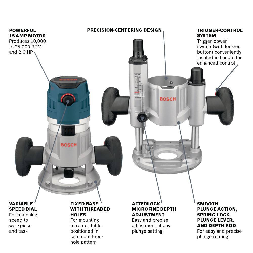 Bosch 15 Amp Corded Variable Speed Combination Plunge  Fixed-Base Router Kit with Hard Case MRC23EVSK