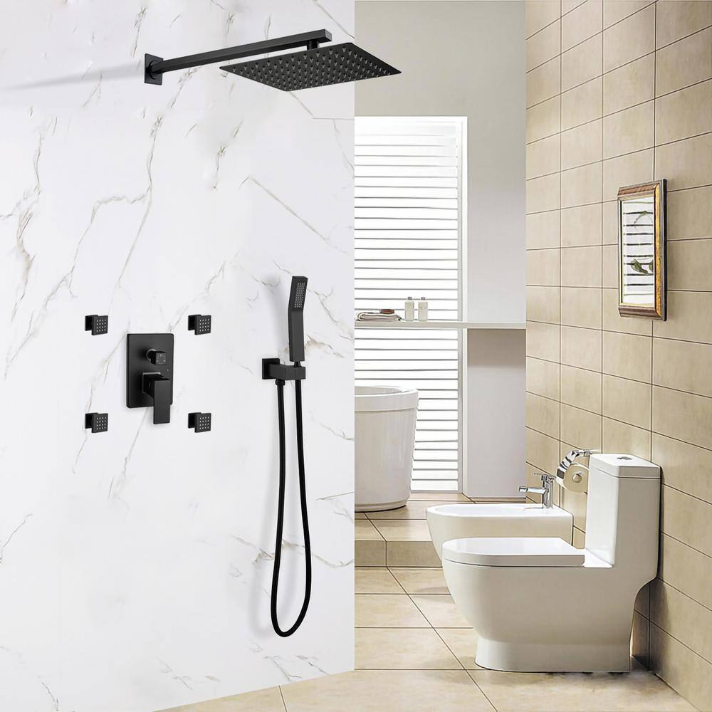 Satico Modern 4-Body Jet Shower Kit 3-Spray 10 in. Square Rain Shower Head with Hand Shower in Matt Black (Valve Included) BM01115B