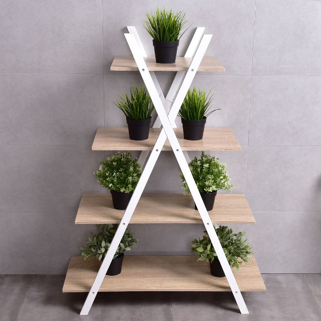 Costway 4 tier Bookshelf Storage Display Shelves Bookcase Ladder X shape