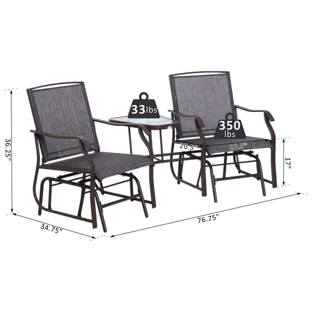 Outsunny 3-Piece Metal Frame Sling Grey Fabric Patio Conversation Set Double Rocker Chair with Center Coffee Table 84A-084