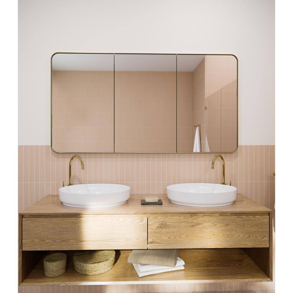 Glass Warehouse Calla 60 in. W x 32 in. H x 5 in. D Satin Brass Recessed Medicine Cabinet with Mirror SC3-SQ-60X32-SB