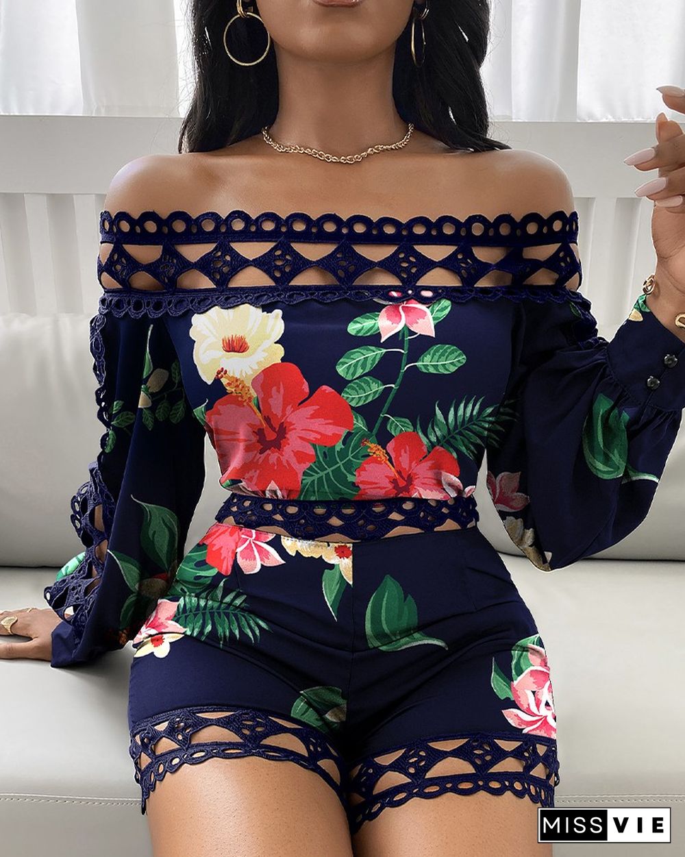 Floral Print Off Shoulder Patchwork Hem Romper