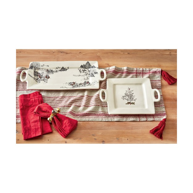 Collection Solid White Rectangle Earthenware Handle Platter Featuring Winter Farm Scence 20 6l X 10 1w X 1 2h in