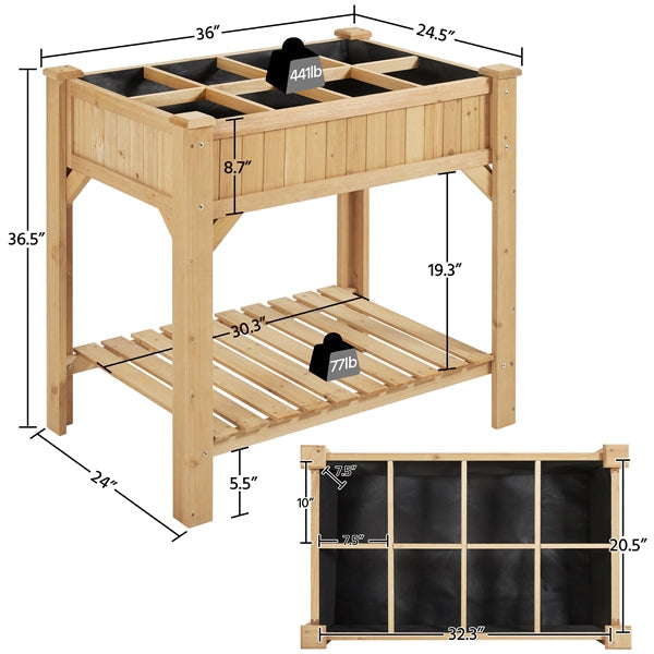 Yaheetech 8-Pocket Wood Elevated Garden Planter with Fabric Liner, Protective Gloves for Small Spaces, Light Brown