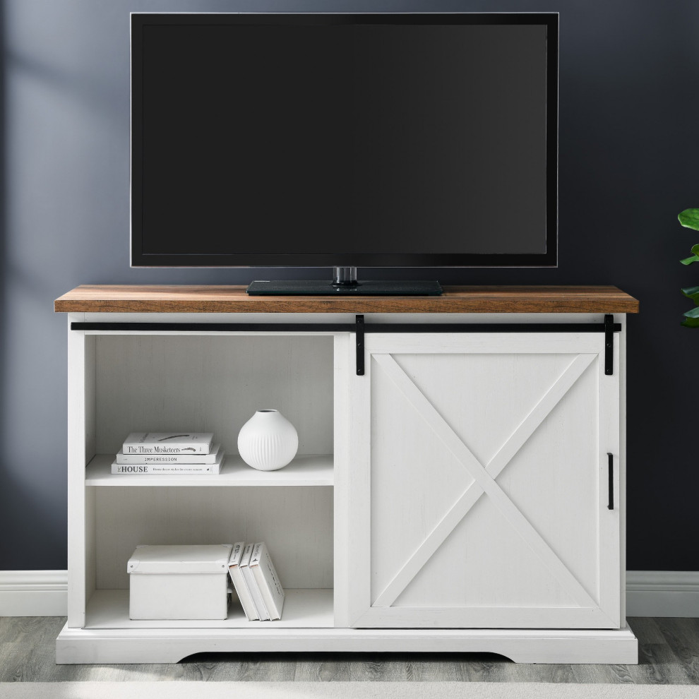 Farmhouse TV Stand  X Sliding Door  3 Drawers  Reclaimed Barnwood/Brushed White   Farmhouse   Entertainment Centers And Tv Stands   by Declusia  Houzz