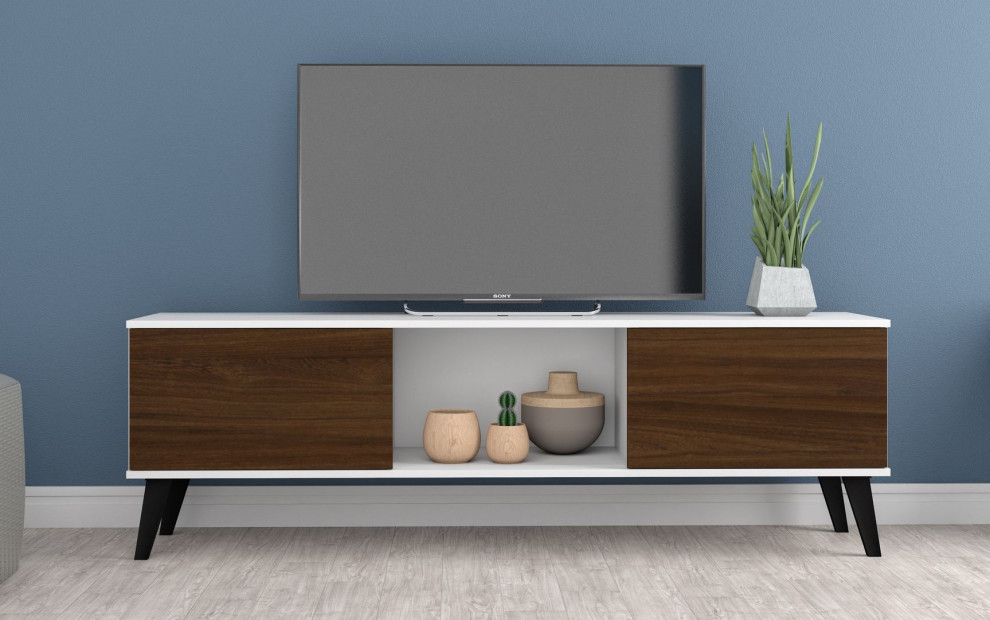 Doyers 62 quotTV Stand  White and Nut Brown   Midcentury   Media Storage   by Morning Design Group  Inc  Houzz