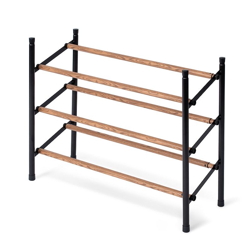 Juvale 3-Tier 18 Pair Shoe Rack Organizer for Entryway Closet Floor， 24-45 inch Expandable， Black and Oak Grain Metal