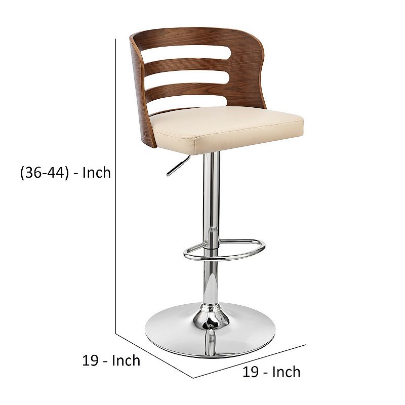 Adjustable Barstool with Curved Open Wooden Back， Brown and Cream