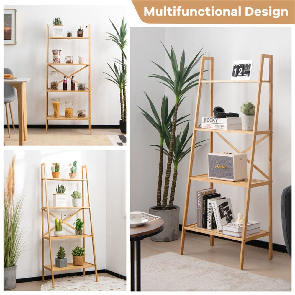 4 Tier Bamboo Ladder Bookshelf Natural Color