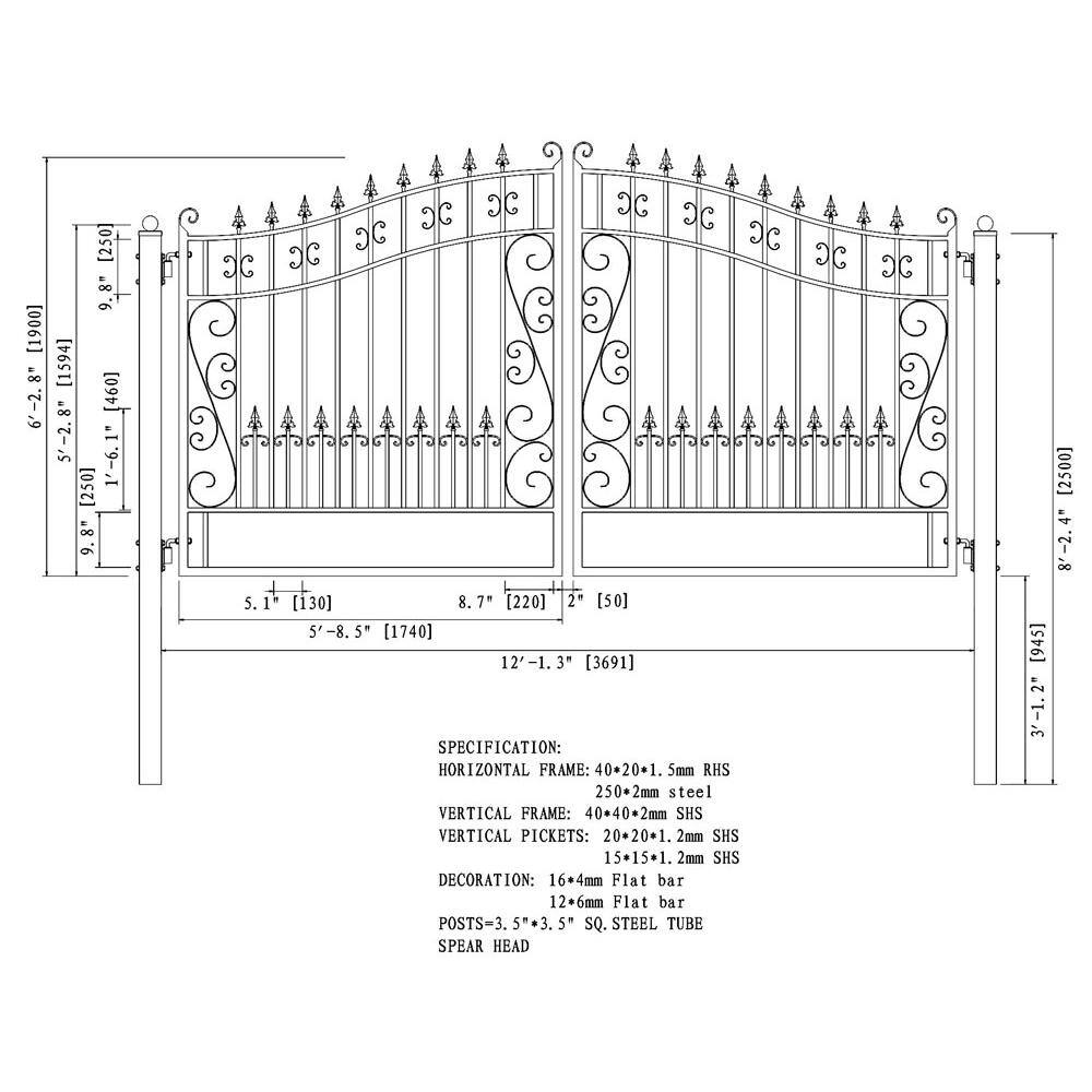 ALEKO Venice Style 12 ft. x 6 ft. Black Steel Dual Swing Driveway Fence Gate DG12VEND-HD