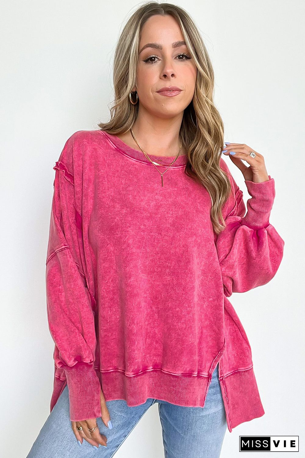 Rose Acid Wash Relaxed Fit Seamed Pullover Sweatshirt with Slits