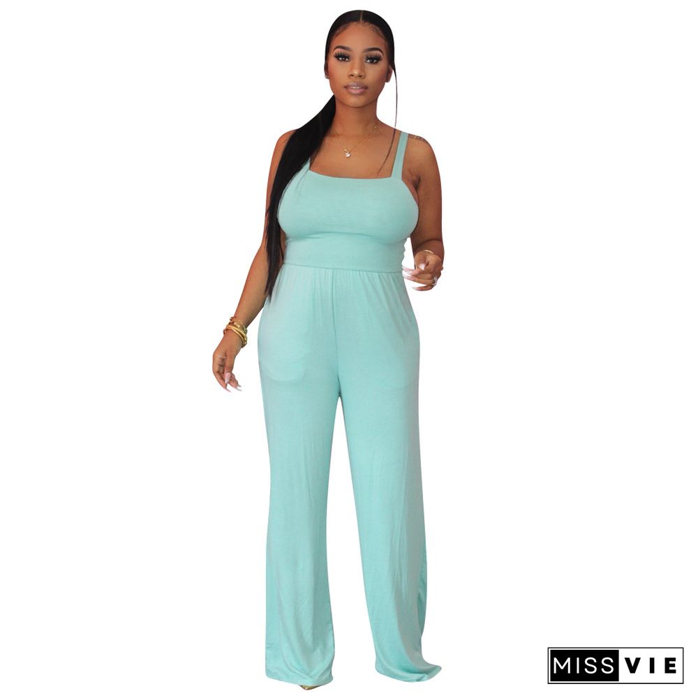 Casual Solid Color Summer Women's Sleeveless High Waist Streetwear Straight Leg jumpsuits