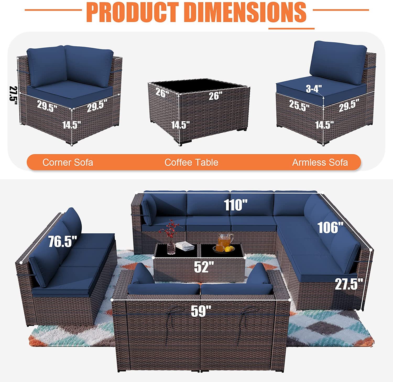 Gotland Outdoor Patio Furniture Set 14 Pieces Sectional Rattan Sofa Set PE Rattan Wicker Patio Conversation Set with Seat Cushions and Tempered Glass Table,navy blue