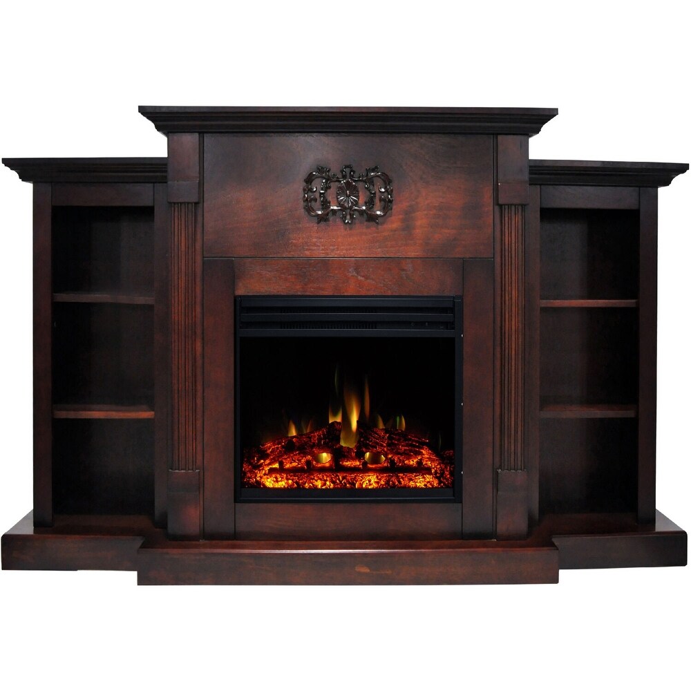 Hanover Classic Electric Fireplace with 72 In. Mahogany Mantel  Bookshelves  Deep Log Display and Remote   72 Inch